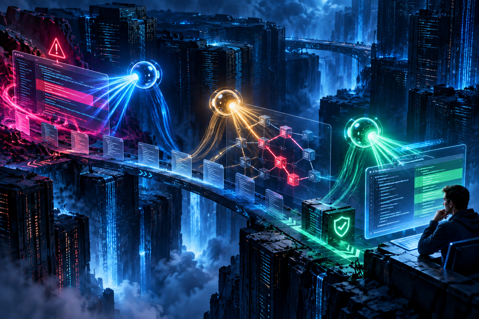 Agentic Code Security: Pair AI Discovery with Deterministic Proof and Human Review AI security agents scanning code, validating attack paths, and presenting a fix for human review
