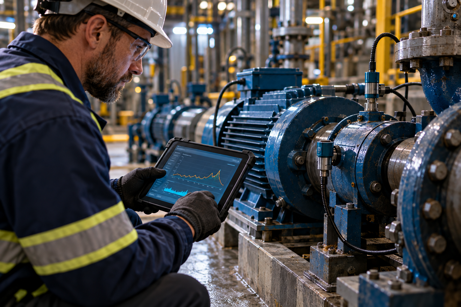 Factory maintenance engineer reviewing an AI-assisted anomaly trend beside an instrumented industrial pump