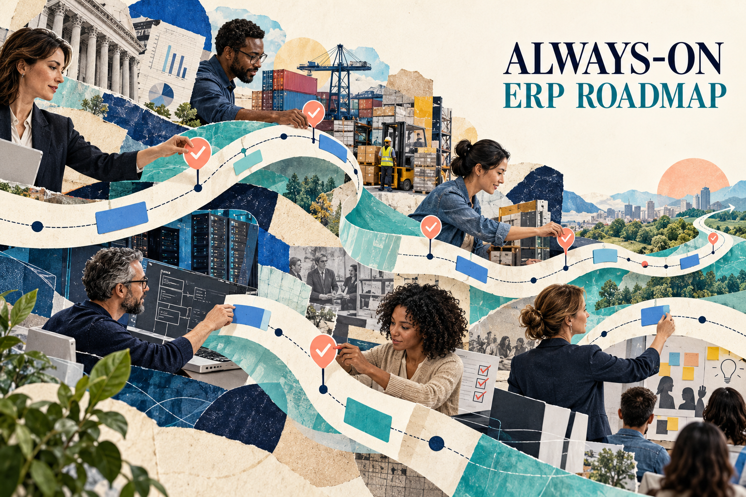 Editorial collage of business and technology teams governing an always-on ERP release roadmap